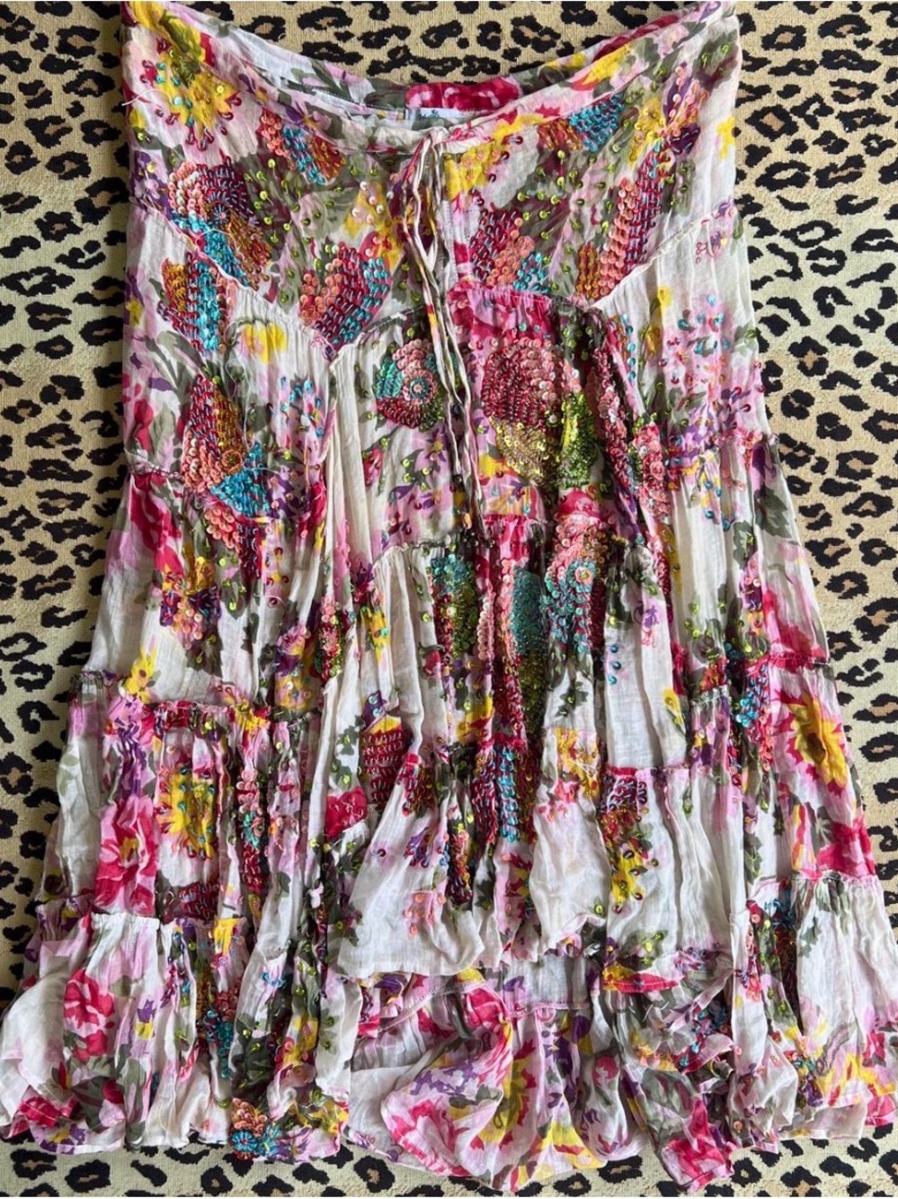 Embroidered Tiered Midi Skirt - Pink Floral